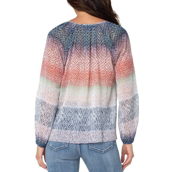 LIVERPOOL Los Angeles Navy + Orange Sheer Printed Women's Peasant Blouse Medium - Picture 2 of 10